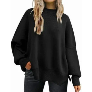 Saodimallsu Womens Oversized Crew Neck Sweaters Long Sleeve Slouchy Knit Fall Casual Loose Side Split Pullover Tops (S, Black)
