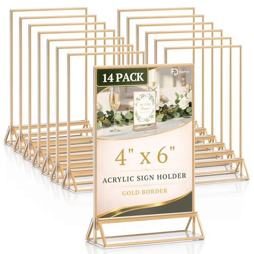 Daofary Acrylic Sign Holder 4x6, 14 Pack Double Sided Clear Gold Frame Tabletop Display, Menu Flyer Table Number Holder for Wedding Reception and Restaurant Tables