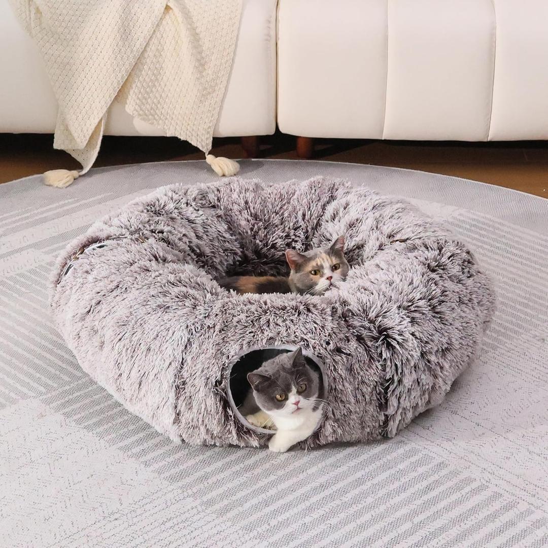 Plush Cat Tunnel Bed for Indoor Cats with Soft Cushion, Multi-Shape Play Cave with Hanging Balls, Large and Foldable Cat Donut Tunnel for Small and Large Pets (Brown)