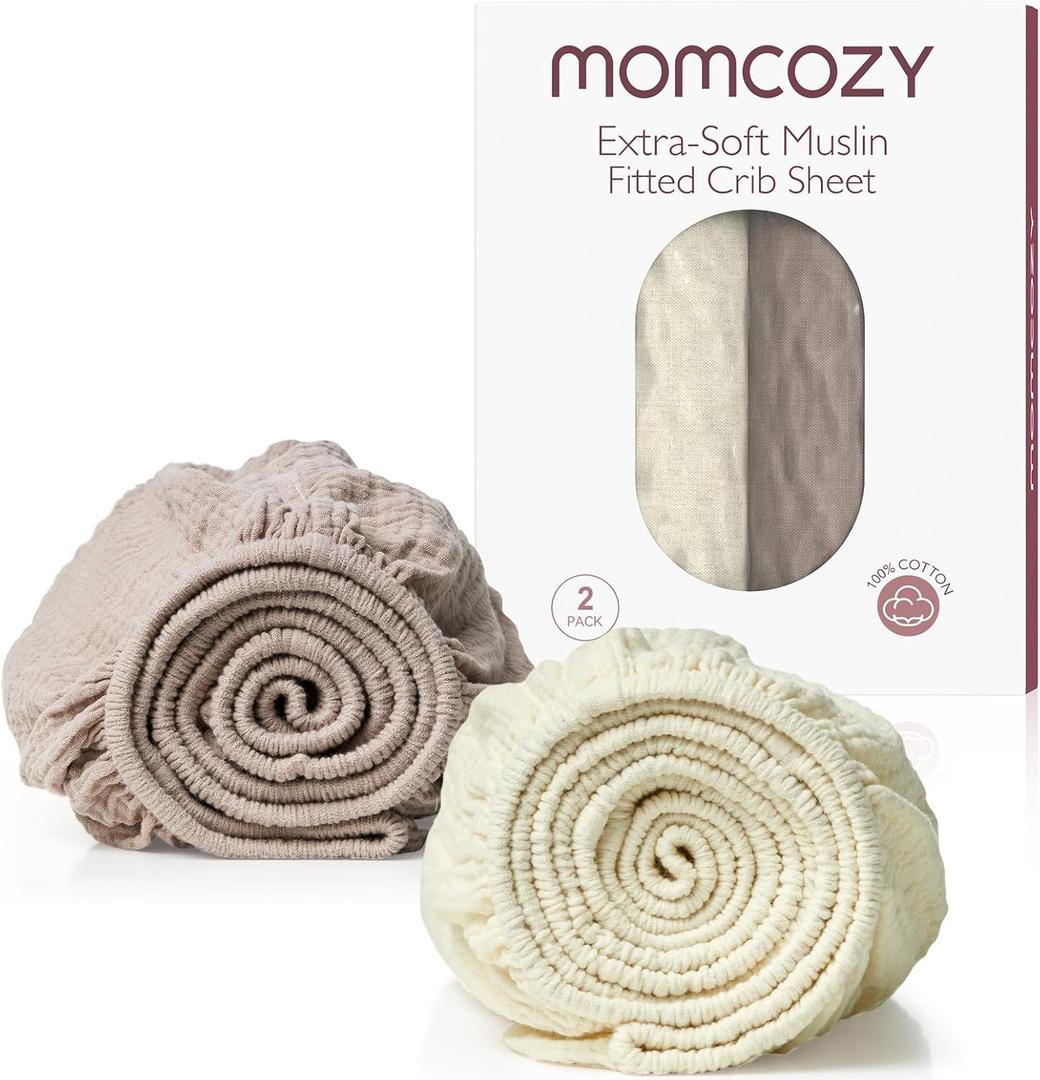 Momcozy Muslin Mini Crib Sheets Fitted - 38''x26'' Pack and Play Sheets for Pack N Play Mattress, 2 Pack Soft & Breathable Natural Cotton Non Slip Bed Cover for Boys, Girls, Beige Coffee Red