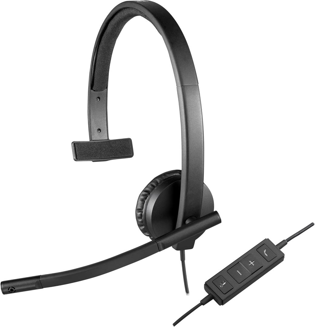 Logitech H570e Wired Headset, Mono Headphones with Noise-Cancelling Microphone, USB, In-Line Controls with Mute Button, Indicator LED, PC/Mac/Laptop - Black