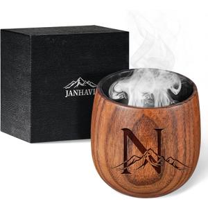 Janhavi Original Charred Wooden Bourbon Drinking Glass,Personalized Whiskey Glasses with Initials,Unique Gifts for Men Husband,Father,Brother Friends,Mens Birthday Gift Ideas,Wooden Whiskey Cup (N)