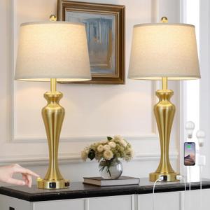 30" Gold Tall Table Lamps for Living Room, Touch Control Bedroom Lamp with USB A+C Ports and AC Outlet, 3-Way Dimmable Bedside Table Lamps Set of 2, Modern Metal Lamp for Nightstand
