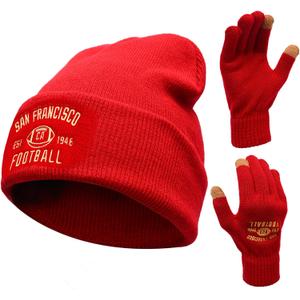 Vintage Classic Skull Cap Embroidery Beanie Fasion Hat Cuffed Winter Hat Knit Comes with Warm Gloves Gifts for Men Women Fans (San Francisco)