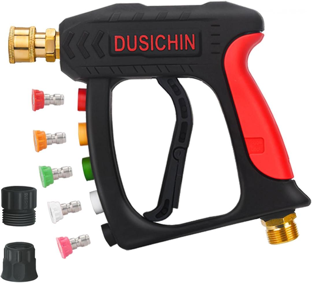 DUSICHIN Power Washer Gun Short Wand With Color-coded Tip Holder on Handle, 5 Tips Car Wash Spray Gun M22-14mm Inlet, High Pressure On Pressure Washers, Garden Hose Adapter for Low Pressure Use