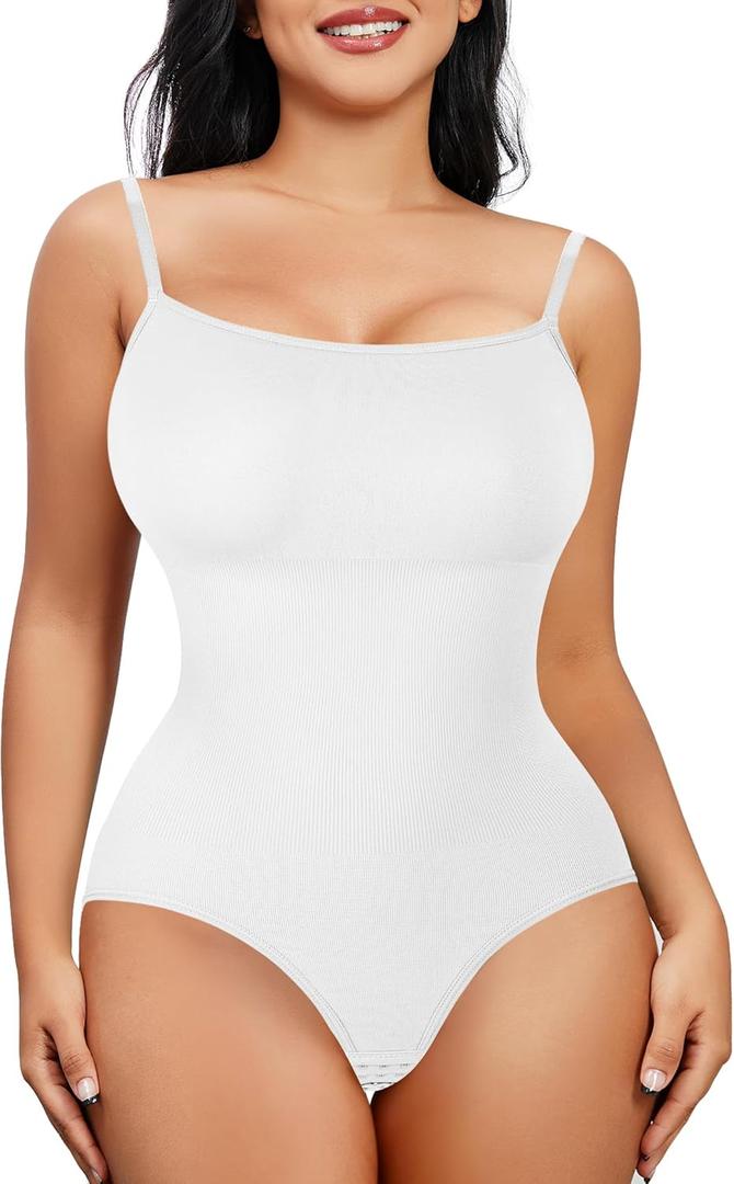 Nebility Shapewear Waist Trainer Bodysuits Women Clothing Tummy Control Seamless Full Body Shaper Square Neck Jumpsuits Top (Small, White)
