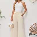 Women's Linen Pants Relaxed Fit High Waisted Boho Chic Ankle Pants Summer Beach Vacation Wide Leg Trousers (Beige)