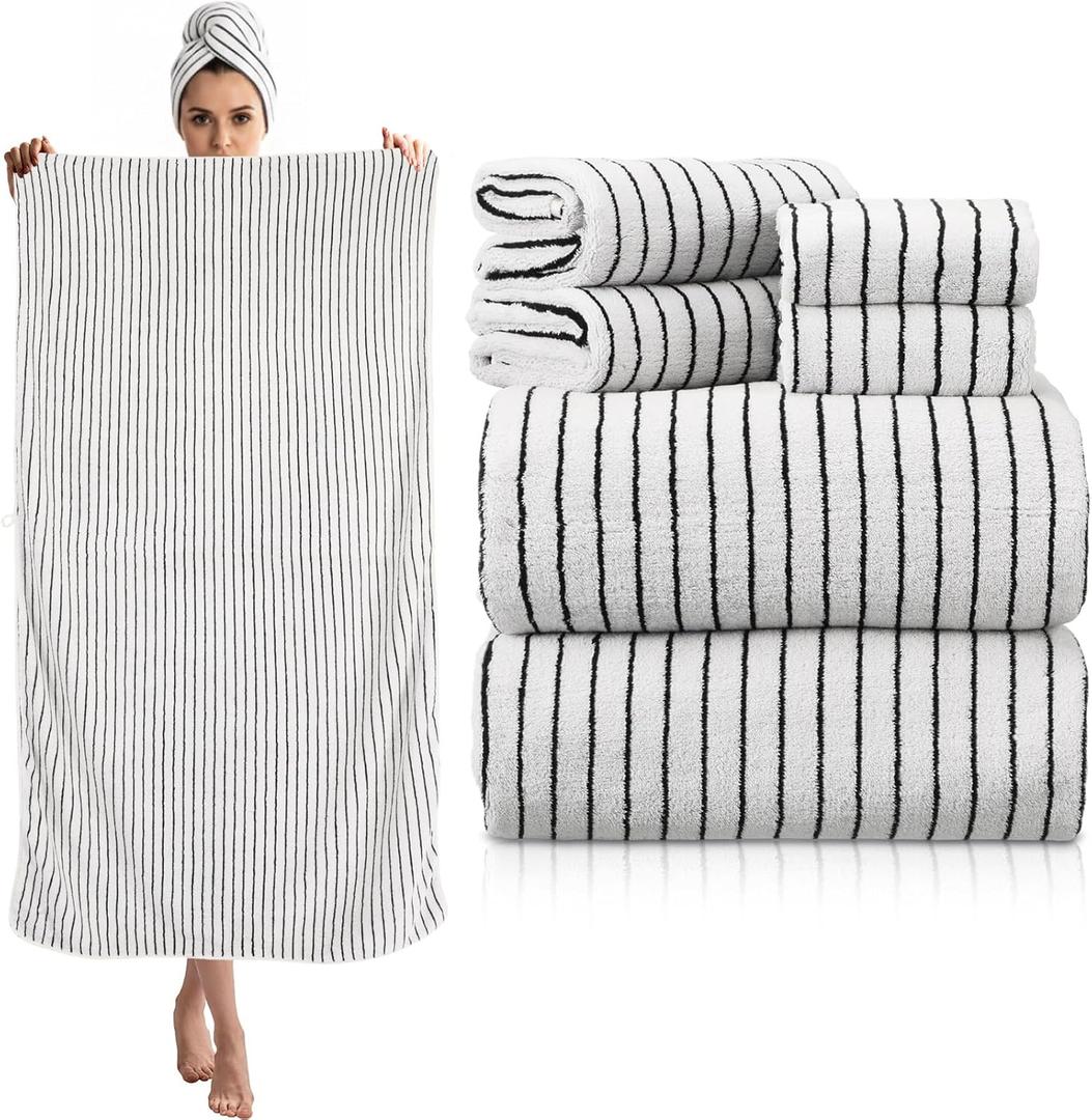 6 Pcs Oversized Bath Towels for Adults 35x70 Inches Black & White Striped Extra Large Bath Towel Sets Bathroom Sheets Jumbo Shower Towels Quick Dry Absorbent Soft Microfiber for Women Men