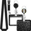 Uniclife Fashionable Sliding Badge Holder Black Leopard Print Plastic Case with Retractable Badge Reel Carabiner Clip & Detachable Lanyard Strap Horizonal Card Protector for Worker Nurse