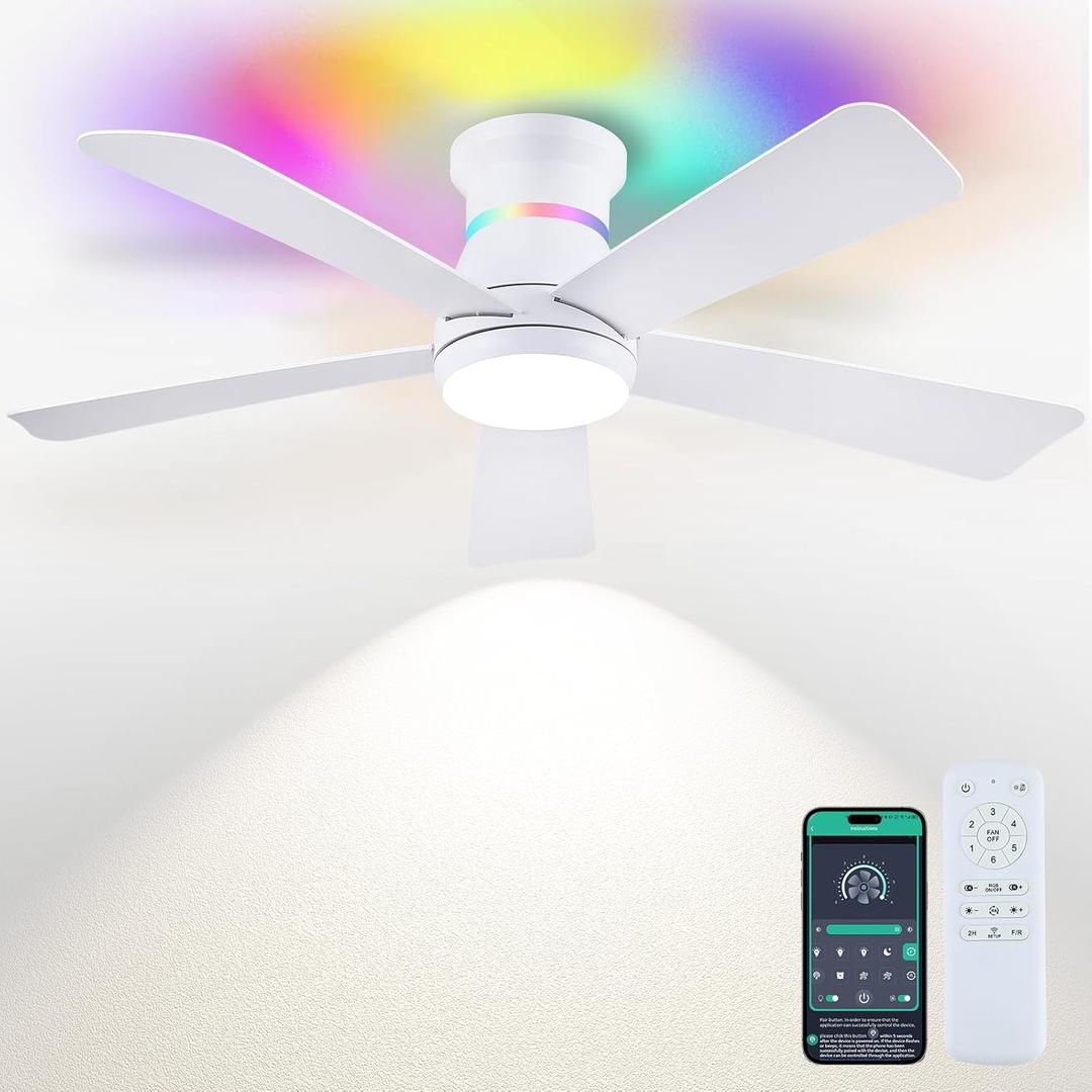 Surtime 46" White Ceiling Fans with RGB Lights - Flush Mount Ceiling Fan Light with LED 3CCT Dimmable, Modern Low Profile Ceiling Fans for Indoor Party,Covered Outdoor