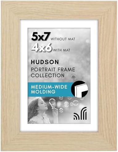 Americanflat 5x7 Picture Frame with Shatter-Resistant Glass - Use as 4x6 Frame with Mat or Display 5x7 Photo Without Mat - Hudson Collection - Wide Picture Frames for Tabletop and Wall - Natural Oak