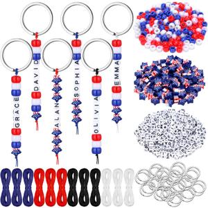 Landical 564 Pcs 4th of July Keychain Craft Kit DIY Patriotic Bead Keychain Making Supplies 250th Anniversary Key Gifts Name Beads Red Blue White Independence Day Memorial Day American Flag Favors