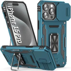 Phone Case for iPhone 15 Pro Case with Camera Lens Cover, with Ring Holder Kickstand, fit Magnetic Car Mount, for iPhone 15 Pro (Light Blue)