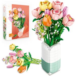 Flowers Bouquet Building Set Tulips Camellia with Vase for Adult -1011pcs Compatible with Lego