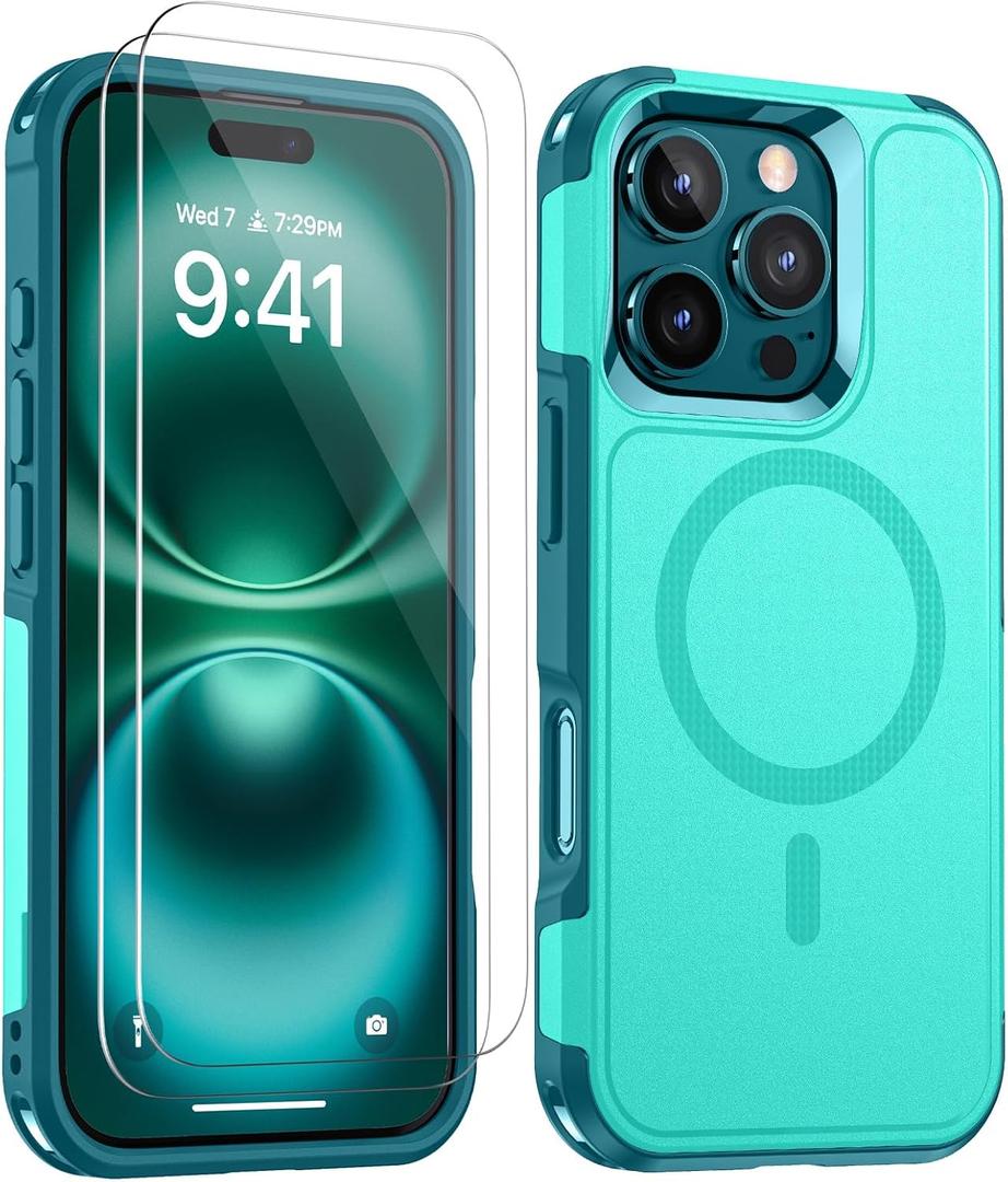 Lanhiem Magnetic for iPhone 16 Pro Case, [2 Pack Tempered Glass Screen Protector][Compatible with MagSafe][Military Grade Shockproof] Heavy Duty Tough Rugged Cover for iPhone 16 Pro (6.3") - Teal
