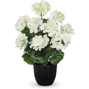 Briful 17 Geraniums Artificial Flowers Realistic Potted Plant  White Fake Geraniums for Outdoors, Silk Flowers Artificial Outdoor Plants for Indoor Home Decor, Farmhouse Table Centerpiece Decoration (16.9'' Tall White)