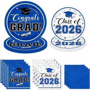 Graduation Party Plates and Napkins Blue Class of 2026 Grad Congrats Party Supplies Disposable Dessert Paper Plates Cocktail Napkins forGraduation Party Decorations,Serve 50