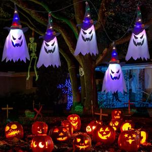 Halloween Decorations Outdoor,Hanging Ghosts String Lights,Glowing Ghost Witch Hat Halloween Ornaments Indoor Outside Lights Decorations for Home Tree Porch Garden Yard