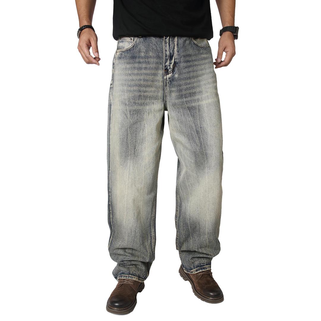 OIIIO Men's Wide Leg Baggy Casual Jean (28, 9103 Vintage) (Gray)