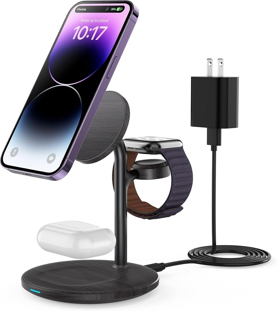 3 in 1 Wireless Charging Station for Multiple Devices, 15W Fast Wireless Mag-Safe Charger Stand for iPhone 14 13 12 Pro Max/Plus/Pro/Mini, Mag Charger for iWatch Ultra/8/7/SE/6/5/4/3/2, AirPods (Black)