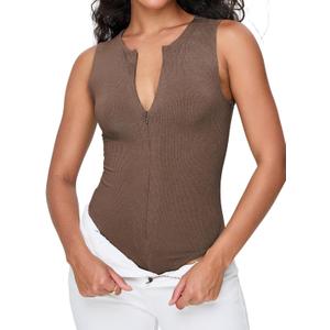 iGENJUN Women's Bodysuit Tops Sleeveless Invisible Zip Up Crew Neck Body suit (Brown) S