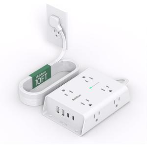 10FT Flat Plug Extension Cord with Multiple Outlets, Surge Protector Power Strip 10 ft Cord, 8 Outlets 4 USB Ports (2 USB C), Multi Outlet Wall Plug for Home Office College Dorm Room Essentials