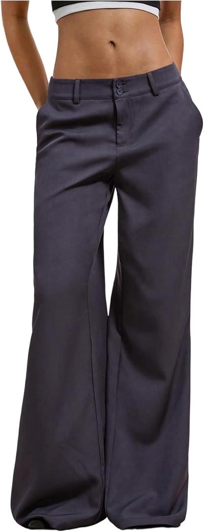 GORGLITTER Women's Dress Pants Low Rise Wide Leg Trousers Business Casual Work Dressy Low Waisted Straight Slacks Pants (X-Large, Blue)