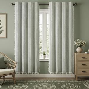 Boho Blackout Curtains 90 Inches Long Sage Green Linen Blend 2 Panels with Tassels and Cotton Embroidery, Farmhouse Vintage Rustic Rod Pocket Drapes for Living Room or Bedroom