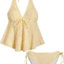 OYOANGLE Women's Tankini Swimsuits Textured Flowy Halter Bikini Set Tummy Control Modest Bathing Suits Yellow X-Large