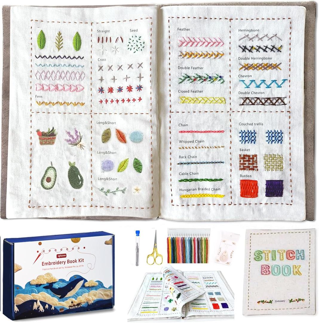 spicssa Beginner Embroidery Stitch Book Kit, Embroidery Kit for Beginners Adults with Video Tutorials, 79 Essential Stitches & Embroidery Patterns, DIY Your Own Embroidery Journal, Handmade Gift