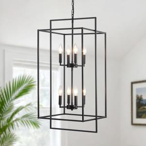 8-Light Matte Black Lantern Chandelier, 15" High Ceiling Modern Farmhouse Pendant Light Fixture, Powder-Coated Double Tiered Entryway Lighting for Foyer, Dining Room & Staircase