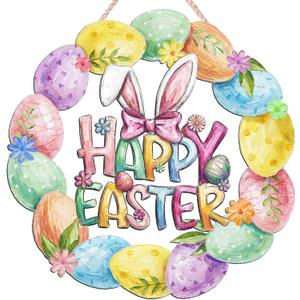 2 x Easter Decoration Wooden Door Wreath for Front Door Sign Cute Bunny Flower Eggs Wooden Door Hanger Rabbit Spring Decoration Happy Easter Welcome Hanging Sign for Outdoor Indoor Wall Home Decor