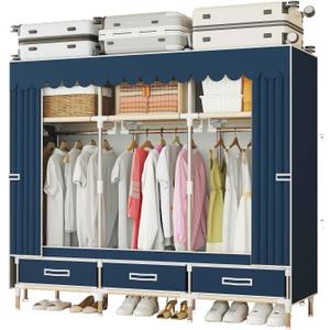 Portable Wardrobe Closet Durable and Easy to Assemble Heavy Duty Clothes Rack with Non-Woven Cover Fabric Best for Bedroom and Easy Storage and Organization (Blue-A), 59" W x 17.7" D x 64.9" H