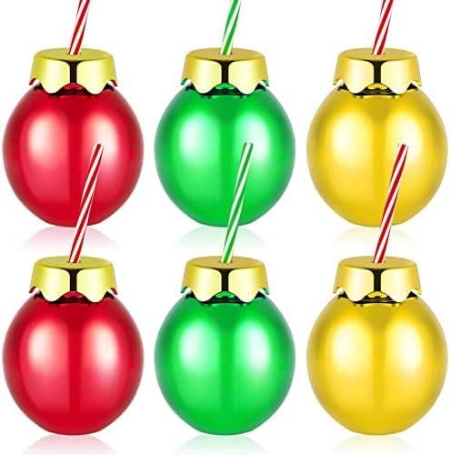 Suclain 6 Pcs Christmas Plastic Balls Cups with Lids and Straws 12oz Glittering Christmas Ornament Cups Red Green Ball Shaped Drinking Balls for Xmas Party Decoration (Gold,Green,Red)