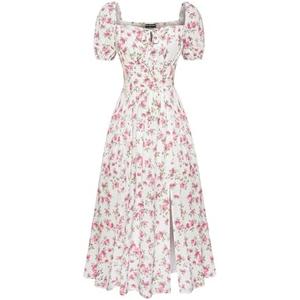 Floral Corset Dress for Women 2025 Summer Flowy Square Neck Milkmaid Dress (White Pink Floral, XXL)