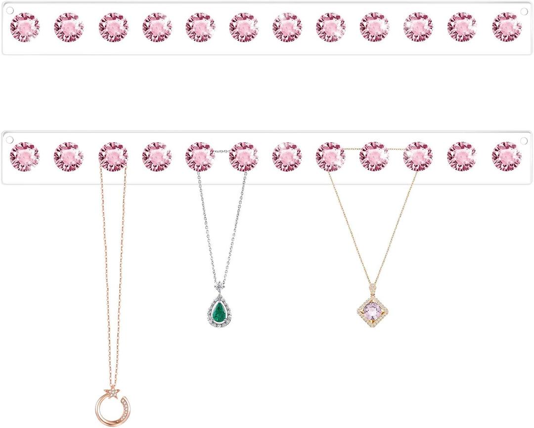 Acrylic Necklaces Holder Wall Mounted Necklace Hangers Hanging Jewelry Organizer with 12 Hooks, Clear Jewelry Hangers for Necklace Organizer for Girls Women, Necklace Hooks for Wall (Pink, 2 Pack)