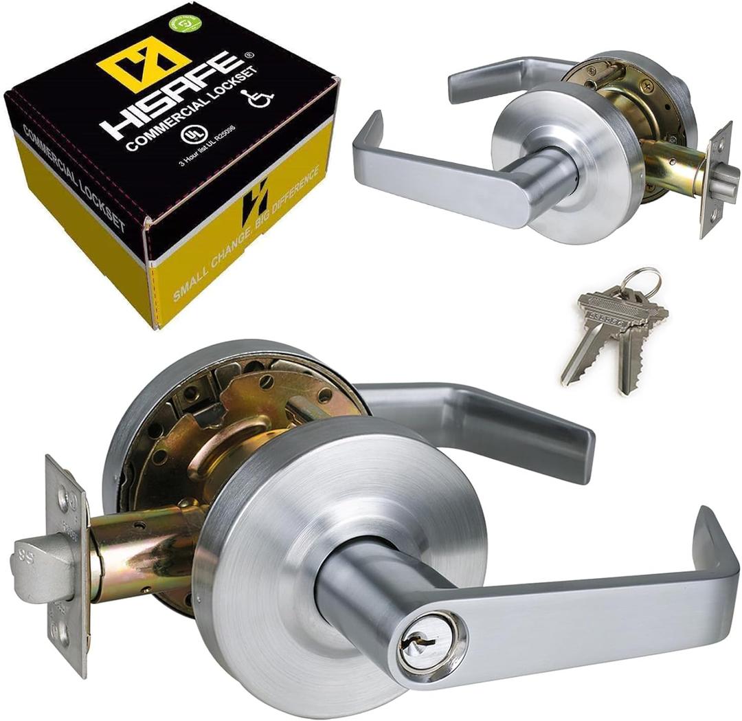 Heavy Duty Commercial Storeroom Door Lever, Grade 2 ADA Door Handle, Satin Chrome Finished, UL 3 Hour Fire Rated Ergonomic Lever for Store Room Door, 70mm Latch