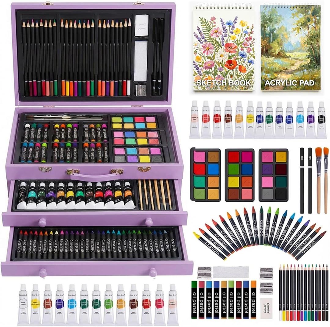 175 Piece Deluxe Art Set with 2 Drawing Pads, Acrylic Paints, Crayons, Colored Pencils, Paint Set in Wooden Case, Professional Art Kit, Art Supplies for Adults, Teens and Artist, Paint Supplies (Purple)