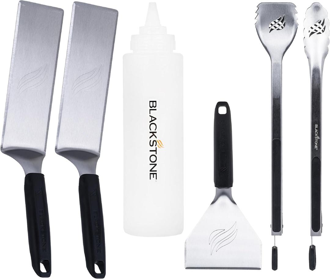 Blackstone 5464 Griddle Tool Kit Outdoor Indoor Grill BBQ Utensils Cooking Accessories-Heat Resistant 2 Long Spatulas, 2 Angled Scraper Classic Tong, 1 (32oz) Squeeze Bottle, Black, Silver, White