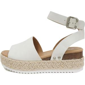 Soda Topic Open Toe Buckle Ankle Strap Espadrilles Flatform Wedge Casual Sandal (Beige)