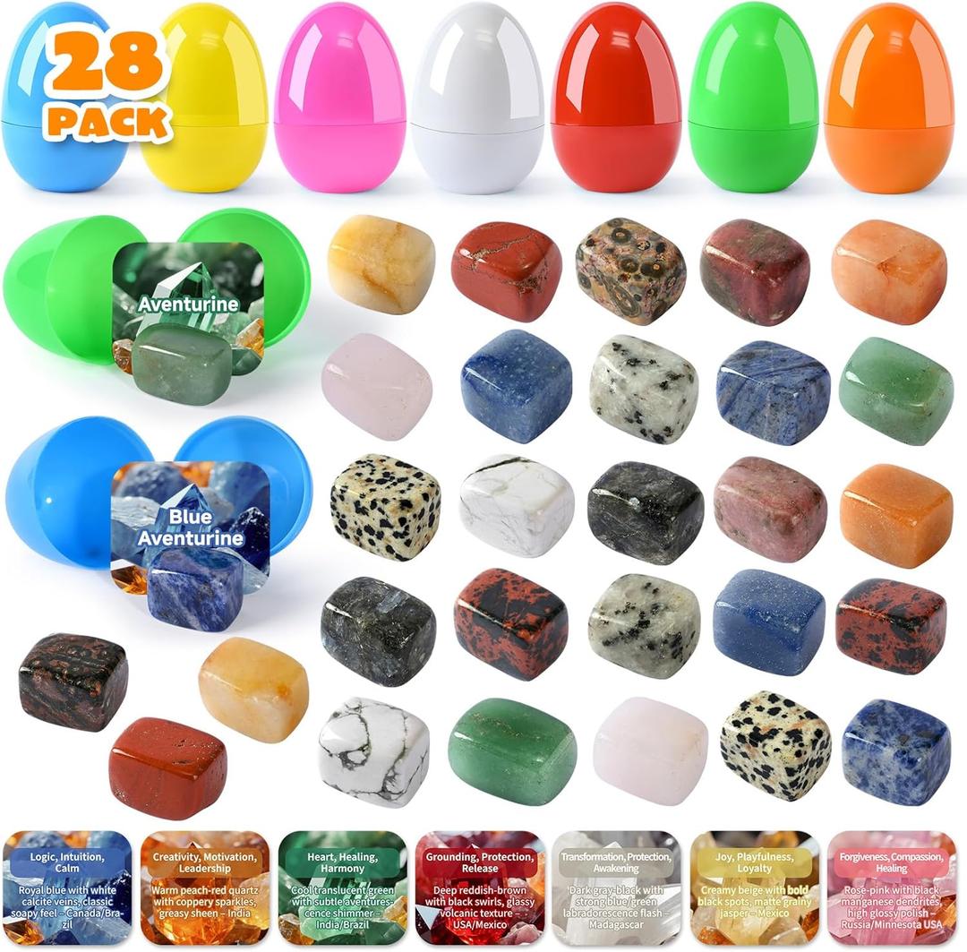 28 Pack Prefilled Easter Eggs with Gemstones Inside - Easter Eggs Filled with Natural Gems Crystal for Kids Easter Egg Hunting Party Favors