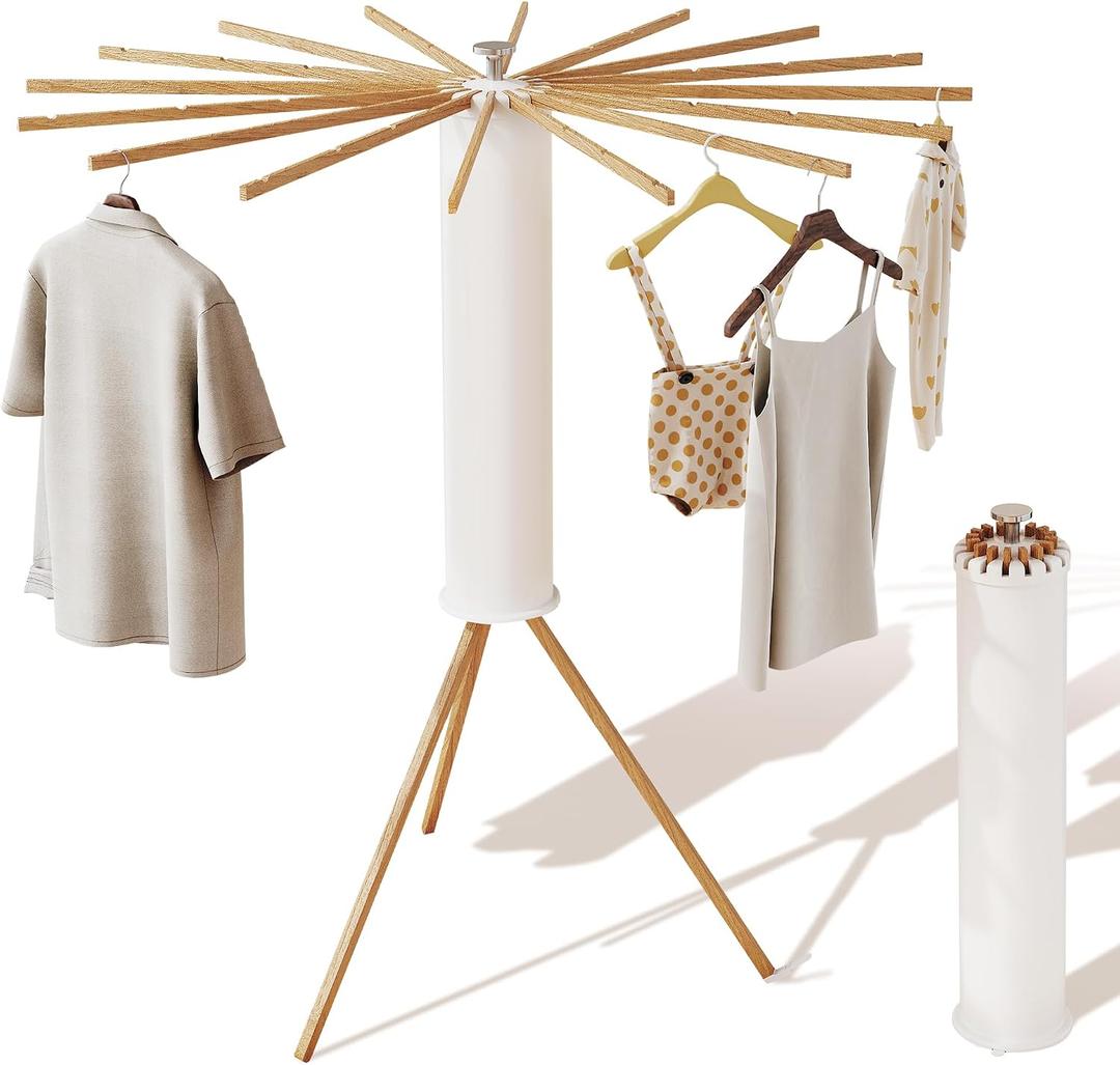 Clothes Drying Rack Tripod, Drying Rack Clothing, Laundry Drying Rack, Floor Standing,16 Wooden Poles, Collapsible Drying Racks for Laundry, Retractable, Foldable, Folding