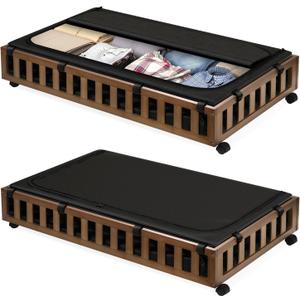 2 Pack Bamboo Under Bed Storage with Wheels, 39x20x7.8 Lager Under Bed Storage Containers (Brown)