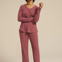 Cozy Wide Ribbed Long Sleeve Tee And Wide Leg Pajama Set (XL, Pink)