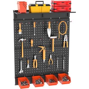 TORACK Garage Metal Pegboard with Accessories, Tools Organizer Peg Board with Pegboard Hooks, Wall Mounted Bins, Tool Storage Pegboards for Wall(Black)