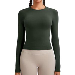 RUNNING GIRL Long Sleeve Yoga Shirts for Women, Soft Fitted Seamless Stretchy Casual Crew Neck Athletic Basic Shirt (Green, S)