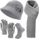 Women Beanie Hat Scarf Gloves Socks Winter Set, Warm Fleece Lined Hat Knit Scarf Touchscreen Gloves Socks 4 Gift Set (Gray)