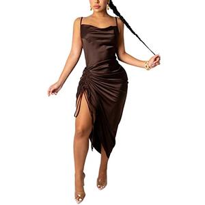 WUSENST Women's Spaghetti Strap Satin Dress Sexy Backless Drawstring Ruched Split Hem Cocktail Evening Party, M, Coffee WUSENST Women's Spaghetti Strap Satin Dress Sexy Backless Drawstring Ruched Split Hem Cocktail Evening Party, M, Coffee
