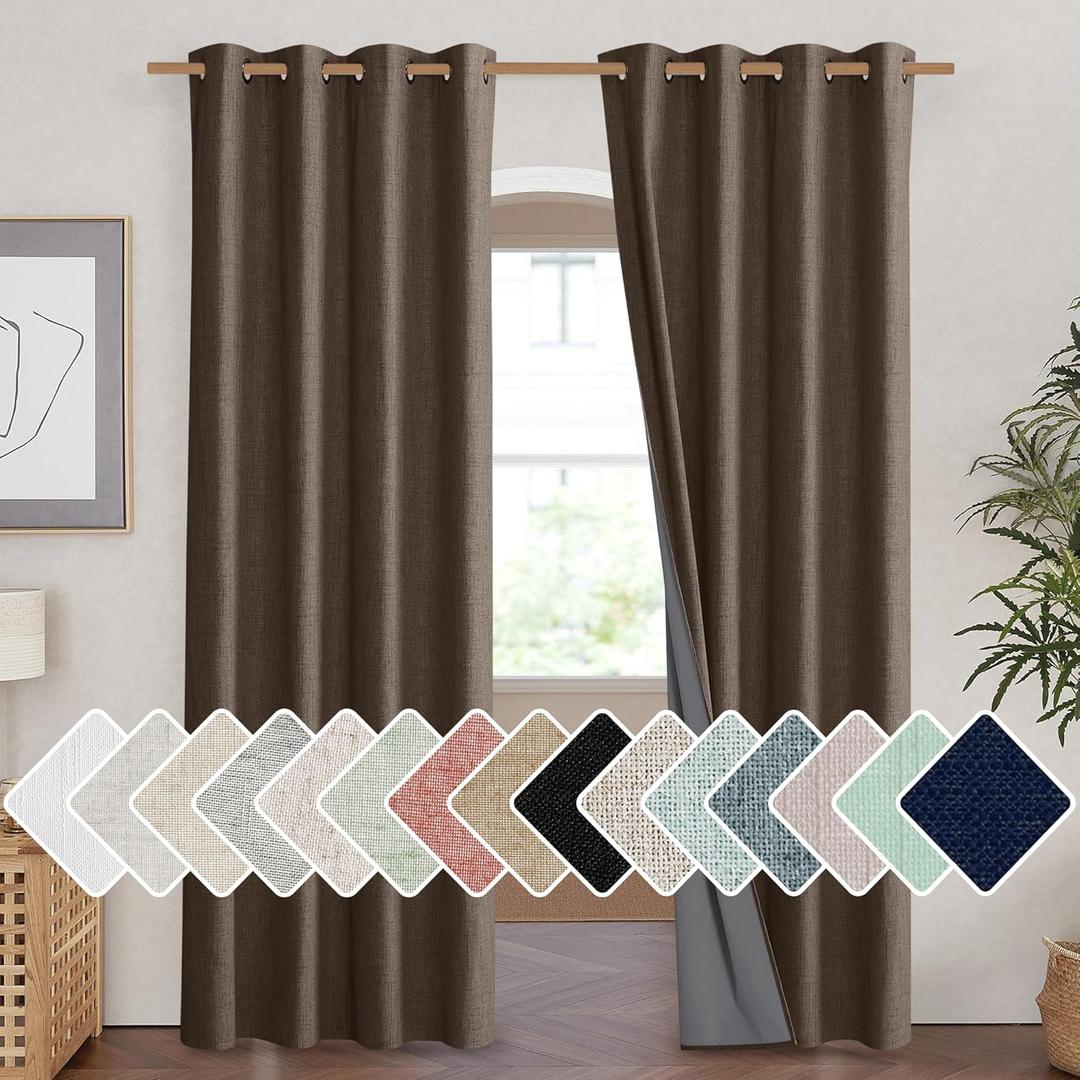 NICETOWN Coffee Vintage Linen 100% Blackout Curtains for Living Room, Thermal Insulated Curtains 90" Long, Noise Reducing Window Treatment Drapes for Home Cinema, 52" Wide Per Panel, Set of 2
