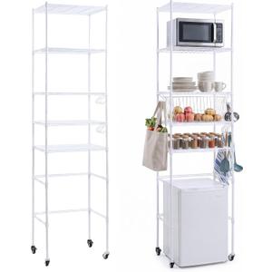 5 Tier Over The Fridge Shelf for Dorm Wheels 8 Hooks and 5 PVC Pads White, 90.5"